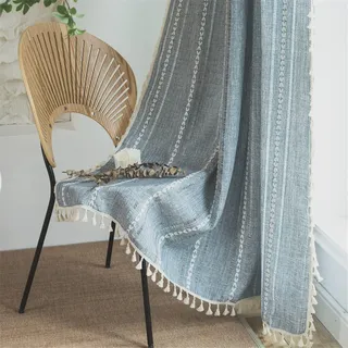 Sutuo Home Blaue Boho-Vorhänge für Wohnzimmer, halbverdunkelnd, französisches Landhaus-Leinen-Vorhang für Schlafzimmer, 1 Paneel Bestickt, Bauernhaus-Fensterbehandlung für Esszimmer, Kinderzimmer