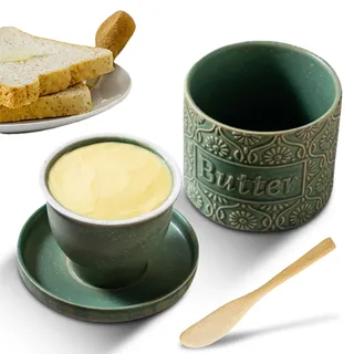 Französische Butterdose, Keramik Butterglocke mit Deckel und Buttermesser, Butterbehälter Wassergekühlt mit Wasserlinie, Porzellan-Buttertopf Vintage-Design für streichfähige Butter