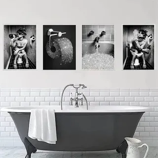 Badezimmer Bilder Schwarz Weiß Set Vintage Leinwand Poster - 4er Set