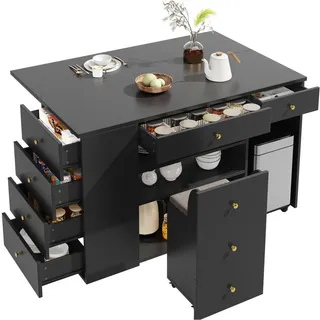 Okwish Kücheninsel, Schwarz, Holzwerkstoff, 140x89x70 cm, Küchen, Küchenmöbel, Kücheninseln