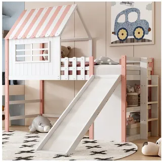 MODFU Kinderbett Massivholz Spielbett, Hochbett (mit langer Rutsche & Dachoptik, mit Stauraum & Sicherheitsleiter, 90x200 cm), ohne Matratze rosa