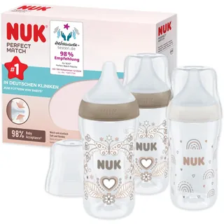 NUK Perfect Match Babyflaschenset | Ab 3 Monate | Passt sich dem Baby an | Temperature Control | Anti-Colic | 260 ml | BPA-frei | Silikontrinksauger, Medium | Regenbogen und Herz | 3 Stück