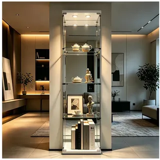 Simurq Glasvitrine mit LED Beleuchtung Standvitrine mit Glastür,Eckvitrine Glas (1-2 Packungen, Vitrinenschrank mit 1 türen,Schloss) Glas vitrine aus Gehärtetes Glas,Sammlervitrine Stehend weiß 42 cm x 164 cm x 36 cm