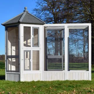 zooprinz Vogelvoliere Luise | mit Anbau | Wetterfest | Kiefernholz | Bitumendach | 180 cm Höhe - Weiß
