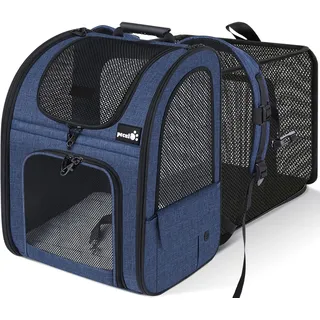 Katzenrucksack Große Katzen bis 8kg, Erweiterbar Faltbar, Hunderucksack mit Anti-offener Reißverschluss, Rucksack Hund mit Netz Fenster Blau, für Hunde Katzen Haustiere (34 * 27 * 44cm)