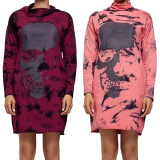 ROCKUPY Damen Sweat-Kleid mit Totenkopf-Print Pullover-Kleid Langarm-Kleid 393822 Bordeaux-Rot oder Rosa - S
