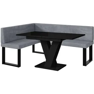 MEBLINI Eckbank für Esszimmer mit ausziehbarem Tisch - Küchenbank - Essecke - Sitzecke Küche - Toni - U-Beine 128x168x87cm Links - Grau Samt/M Schwarz Hochgl.