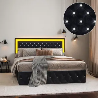 Fortuna Lai Polsterbett 180x200 cm mit LED-Beleuchtung, hydraulischem Bettkasten, Lattenrost und höhenverstellbarem Kopfteil, Designbett aus Samt - Schwarz