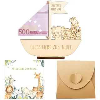 Virtue Yun Geldgeschenk zur Taufe, Holz-Arche Noah mit Tieren, inklusive Karte und Umschlag, Taufgeschenke für Mädchen und Jungen (15.5x14.5cm)