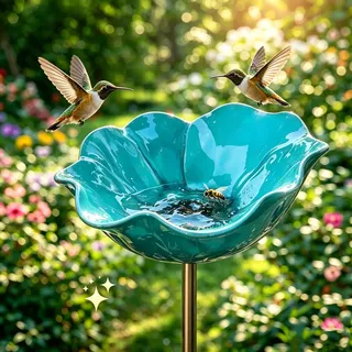 Gartenstecker Aus Metall Handgefertigt Vogeltränke Blumefome Winterfest Insektentränke Bienentränke Gartenfiguren Für Draußen Schräge Vogeltränke Für Vögel Aller Größen (Blue)
