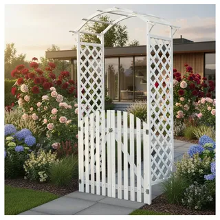Mucola Rosenbogen Rosenbogen mit Tür Spalier Rankgitter Torbogen Rankhilfe Rankgestell Stück, Rosenbogen, Edelstahl-Scharniere weiß