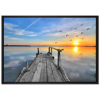 Pixxprint schöner Steg mit Möwen Leinwandbild 100x70 cm im Bilderahmen, Wandbild, Schattenfugenrahmen, Kein Poster