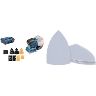 Bosch Professional 18V System Akku Schwingschleifer GSS 18V-10 (Ø: 1,6 mm, 3 Grundplatten, in L-BOXX) + 10x Schleifnetz-Sets Expert M480 (für Hartholz, Farbe auf Holz, Körnung 80)
