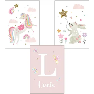3er Set Poster Regenbogen Wolke Blume Einhorn Tier Kinderzimmer Deko Bilder Set Junge Mädchen Babyzimmer Kinderbilder (Stil 3,50x70cm)