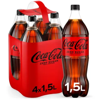 Coca-Cola Zero Sugar - koffeinhaltiges Erfrischungsgetränk mit originalem Coca-Cola-Geschmack - null Zucker und ohne Kalorien - erfrischender Softdrink in Einweg Flaschen 4 x 1500 ml