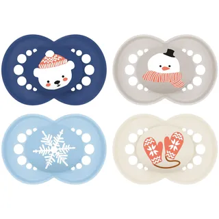 MAM Original Winter Schnuller | 6-16 Monate | 94% Akzeptanz | stillfreundlicher Babyschnuller | von Hebammen empfohlen | aus SkinSoft Silikon | mit Schnullerbox | Bär/Schneemann | 4 Stk