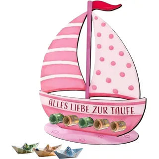 Taufgeschenke Mädchen Rosa | Holz-Boot mit Basis | Alles Liebe zur Taufe | Geldgeschenk für Mädchen & Jungen | 19x16 cm | Ideal für Taufe, Kommunion & Geburtstag | Personalisierbares DIY-Geschenk
