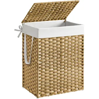 SONGMICS Wäschekorb, Wäschesammler 90 L, Wäschebox aus synthetischem Rattan, mit Deckel und Griffen, geflochten, faltbar, herausnehmbarer Wäschesack, pastellgelb LCB51NL