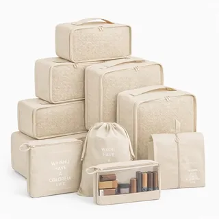 TK Gruppe 8er Set Kofferorganizer beige mit Kosmetiktasche und Packtaschen (Set, 8-tlg., 8x Packtaschen), Faltbar / Verstaubar / Wasserabweisend - Beige