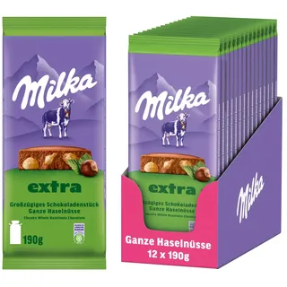 Milka Schokolade Extra Ganze Haselnüsse – Alpenmilch-Schokolade mit knackigen ganzen Haselnüssen – 12 x 190g