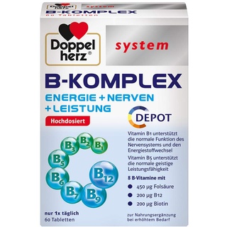Doppelherz system B-KOMPLEX – ENERGIE + NERVEN + LEISTUNG – B-Vitamine unterstützen die normale Funktion des Nervensystems und den normalen Energiestoffwechsel – 60 Tabletten
