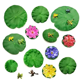 GOIYZTTR 24 Stück Teich Dekoration Set, Schwimmender Schaumstoff Lotusblätter Lotusblüte Wasserlilie mit Frosch Dekorative Seerosen Pads für Gartenteich