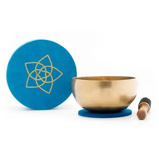 Klangschalen-Center GmbH Geschmiedete Klangschale mit einem warmen lang anhaltenden Klang. Verpackt ist die Schale in einer farbenfrohen Geschenk-Box in Petrol aus handgeschöpftem nepalesischen Naturpapier mit Aufdruck und