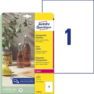 AVERY Zweckform L7784-25 transparente Etiketten (25 Klebeetiketten, 210x297mm auf A4, selbstklebend, Aufkleber zum Bedrucken, wetterfest, Beschriftungen/Produktaufkleber) 25 Blatt, durchsichtig