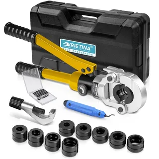 Profi Presszange Kupferrohr V-Kontur und TH-Kontur mit Rohrabschneider | Hydraulische Handpresszange Presszange Verbundrohr mit V12 V15 V18 V22 V28 Und TH16 TH20 TH26 TH32 und Entgrater, Gelb