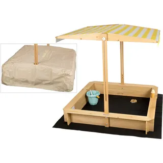 needs&wants® Sandkasten mit Dach Sitzbank und Boden Vlies-Folie, mit Abdeckung Oxford 600D, Sandkiste Holz rechteckig mit Bänken Outdoor Garten Kinder UV-Sonnenschutz, 113x113x113 cm, gelb weiß braun