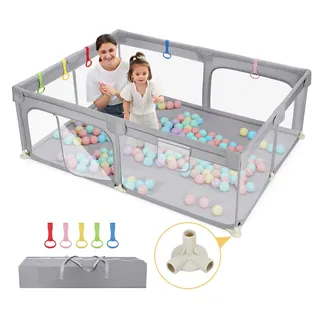 Dripex Laufstall Baby 150x200cm, Laufgitter Baby, Laufstall mit atmungsaktivem Netz, Laufgitter 300D Oxford Gewebe, Playpen, kinderlaufstall, Große Sicherheitsspielplatz, Grau