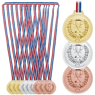 Relaxdays Medaille Kinder, 12er Set, Ø 6 cm, Plastik, mit Band, Siegerehrungen, Siegermedaillen, Gold, Silber, Bronze