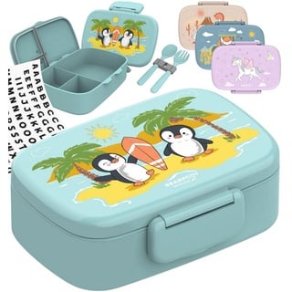 BEARFOOT Lunchbox Brotdose Kinder mit Fächern, leicht & auslaufsicher- Pinguin, Kindergarten und Schule - Mädchen und Jungen, Vesperbox, Snackbox grün