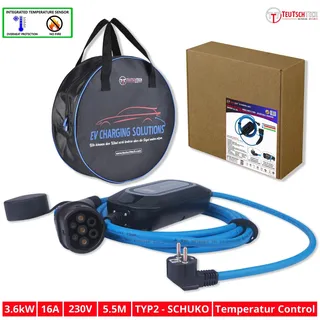 EV Ladekabel Wallbox tragbar Schuko Stecker 230V 3,6 kW 16A Typ2 Anschluss