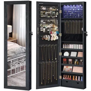 SONGMICS Schmuckschrank, Wand-Aufbewahrungsmöbel für Halsketten, Ohrringe, Zubehörschrank, mit Spiegel, verschiedene Fächer, abschließbar, Schwarz JJC093B01