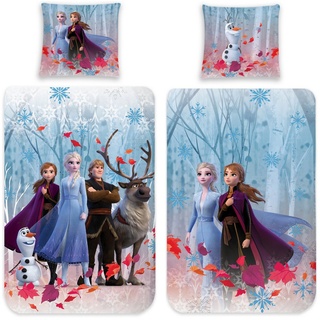 BERONAGE Kinderbettwäsche Frozen Die Eiskönigin Team Bettwäsche Biber / Flanell Bettbezug Elsa, 100% Baumwolle, 2 teilig, 135x200 + 80x80 cm blau|bunt