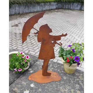 Generisch Neu !! Mädchen mit Regenschirm und Gummistiefel ca. 50 cm hoch aus Metall in Edelrost Deko Figur Skulptur