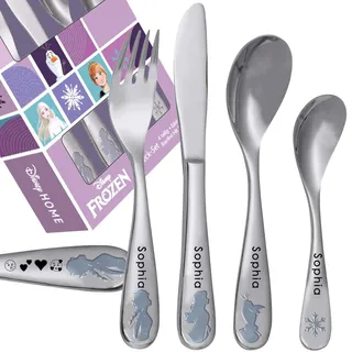 Frozen Eiskönigin Kinderbesteck mit Namensgravur (Emojis möglich) | 4-telig | Edelstahl | Rostfrei | Mit Prägung | Spülmaschinenfest Edelstahl CU2