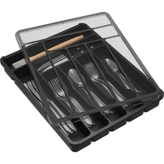 Besteckkasten mit Deckel, 32.5*30.5*5.5cm, mit 7 F?chern, Kunststoff-Schubladenorganizer, Kš1chenbesteckkorb fš1r Backmesser, Gabeln und L?ffel...