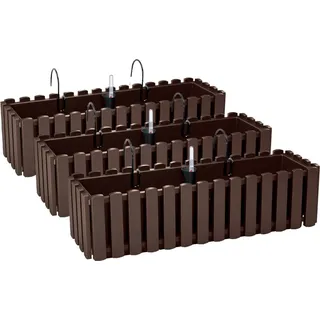 3x Blumenkasten 60 cm Blumentopf mit Halterungen Pflanztopf Wasserstandsanzeiger Balkonkasten Pflanzkästen Braun - Braun