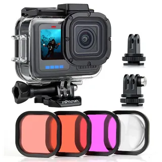 SOONSUN Wasserdichtes Gehäuse für GoPro Hero 12/11/10/9 Schwarz mit 4er-Pack Tauchfilter – 60M Unterwassergehäuse für GoPro Hero 9 10 11 12 Schwarz mit Rot, Hellrot, Magenta, 5 x Makrofilter
