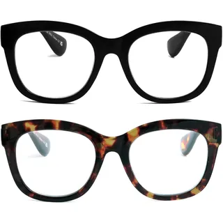 OPULIZE BIG Blaulichtfilter Lesebrille für Damen Herren - Übergroßer runder Fashion-Rahmen - Entspiegelt & blendfrei Computerbrillen Gaming - 2er-Pack - UV & Anti-Müdigkeit - Schwarz Braun - +1,00