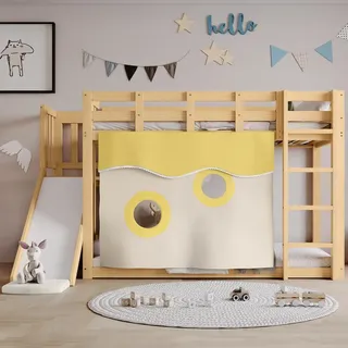 Flieks Etagenbett 90x200cm mit Rutsche & Rausfallschutz, Kinderbett Hochbett mit Leiter & Regal, Holzbett Stockbett mit Lattenrost, Naturbelassen - Naturbelassen