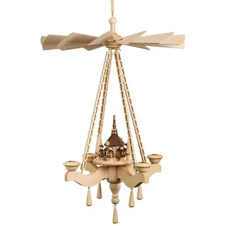 Volkskunstwerkstatt Unger Deckenpyramide mit Kirche #0850 inkl. 4 Teelichtaufstecker Echt Erzgebirge®