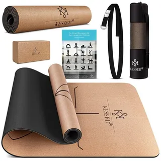 Kesser KESSER® Yogamatte Kork Inkl. Tragegurt Tasche & Yoga-Block Gymnastikmatte Yoga Matte rutschfest aus Naturkautschuk TPE Fitnessmatte, 183 x 62 Trainingsmatte für Fitness Sportmatte, Gymnastik extradick