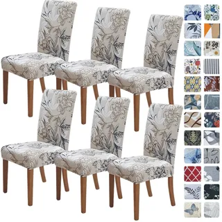 SPRINGRICO Stuhlhussen für Esszimmer, dehnbar, Esszimmerstuhlbezug, waschbar, Spandex, Küche, Parsons, Stuhlhussen, Abnehmbarer Sitzschutz für Zuhause oder Party (6er-Set, Blumenbeige)