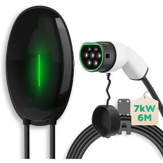 EIDYBOX Wallbox 7,2KW Typ 2 Ladekabel 6M e Auto Ladegerät Elektroauto Home Ladestation 32A Einphasig EV Charger, Wasserdicht IP66 (32A-7,2KW, Schwarz)