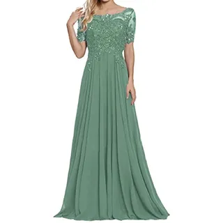 yhfshop Damen Festliche Kleider Maxi Hochzeit,Schulter-Kurzarm-Partykleid mit Spitzenapplikationen-grau Grün_44,Damen Abendkleider Lang