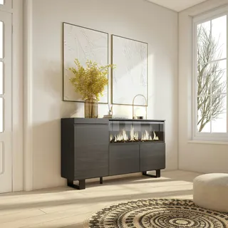 SKRAUT HOME Sideboard, Schrank, Küche, Sideboard, Dielenschrank, 160, 3 Türen, XXL-Elektrokamin, Industriedesign, Modern, Schwarz - 424_8