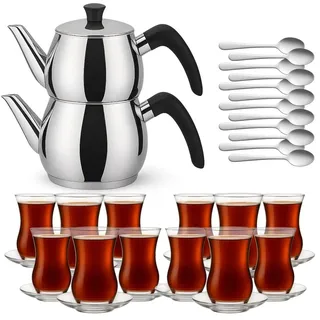 Caydanlik Teekanne Edelstahl 2-stöckig – Türkischer Teekocher induktionsgeeignet – mit Teegläsern oder nur Kanne Größe Kanne 2,0L, Farbe Glas-Set 12er